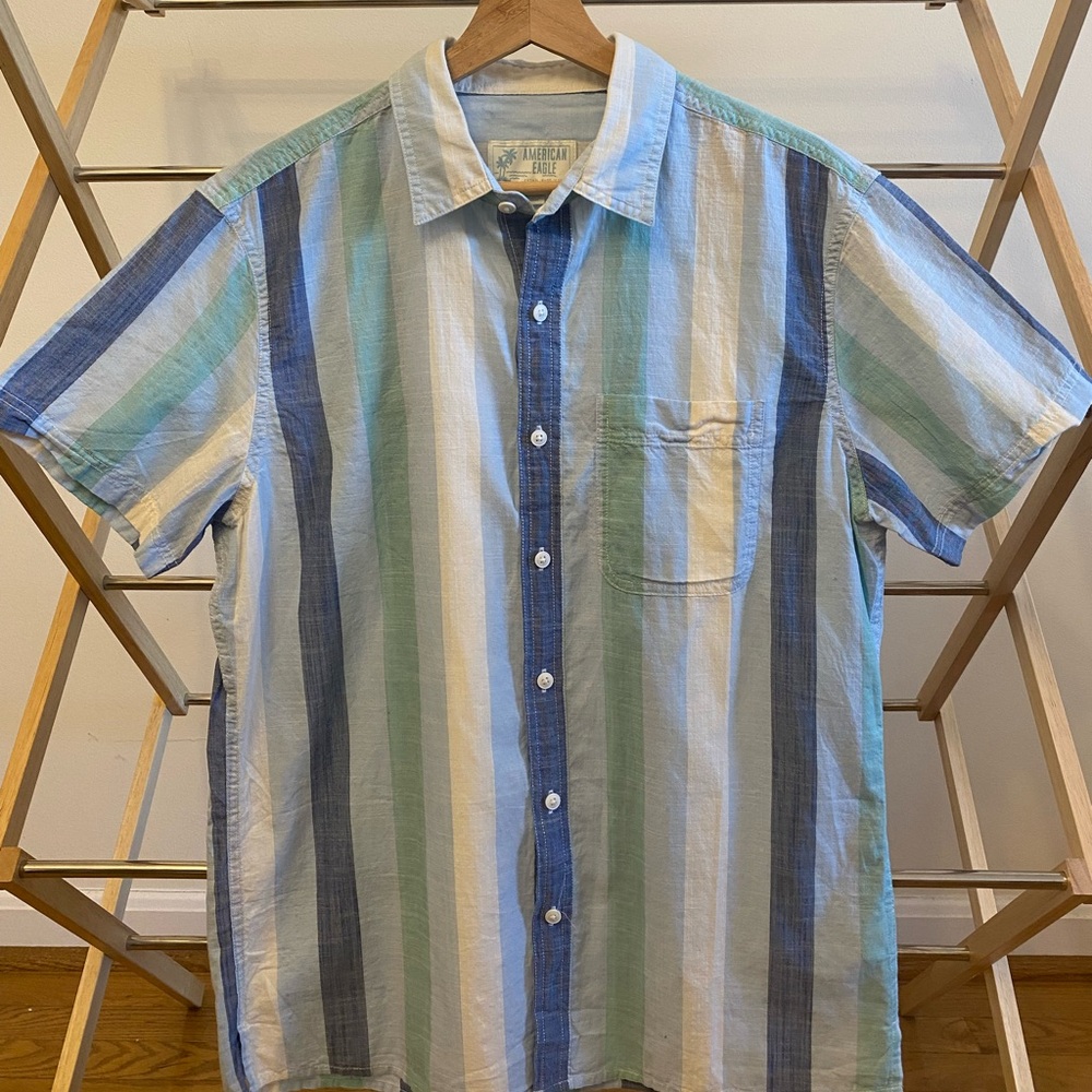 American Eagle Outfitters Short-Sleeve Stripe Button-Down - Blue, Green & White